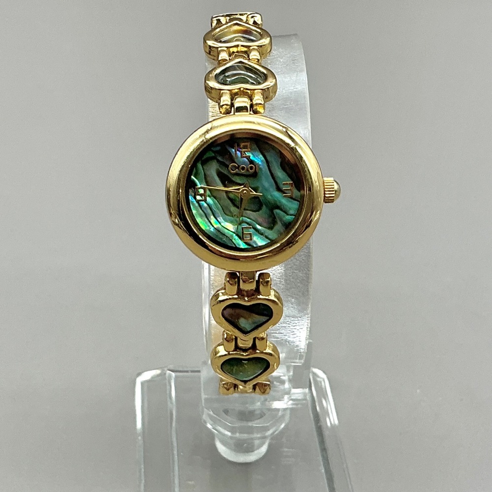 Cool Watch Womens Gold Tone Abalone Shell Heart Bracelet 28mm 7.25" NEW BATTERY